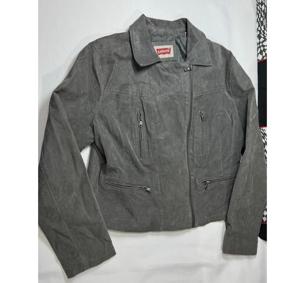 Womens Grey Levis Leather Zip Up Jacket Size Petite Small